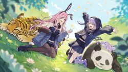  2girls :d ^_^ absurdres animal_ear_hairband animal_ears animal_hood arms_up bandaid bandaid_on_cheek bandaid_on_face bandaid_on_nose bare_shoulders black_bustier black_choker black_jacket black_pantyhose black_shorts black_skirt black_streaks black_thighhighs blue_sky bustier choker closed_eyes clouds commentary day english_commentary fake_animal_ears falling_flower falling_petals fur-trimmed_jacket fur_trim geow_(koseki_bijou) hair_over_one_eye hairband hand_up headphones headphones_around_neck highres hololive hololive_english hood hood_up jacket kneeling koseki_bijou koseki_bijou_(casual) long_hair looking_at_viewer midriff miniskirt mori_calliope mori_calliope_(rock_bunny) multiple_girls off_shoulder official_alternate_costume official_alternate_hairstyle official_art open_mouth outdoors outstretched_arms panda pantyhose petals pink_eyes pink_hair purple_hair purple_shoes rabbit_ear_hairband rabbit_ears rabbit_hood second-party_source shoes short_hair short_shorts shorts single_leg_warmer single_sidelock single_thighhigh sitting skirt sky smile studded_choker swept_bangs teeth thigh-highs tiger upper_teeth_only virtual_youtuber yani_tama 
