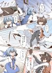 2girls animal_ears blue_eyes blue_hair bow brown_eyes brown_hair cat_ears cat_tail chen cirno hair_bow hat multiple_girls multiple_tails open_mouth short_hair smile tail tamahana touhou translated 