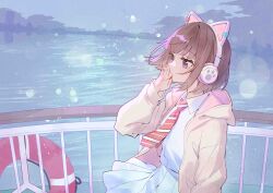  absurdres animal_ear_headphones animal_ears artist_request blue_sky blunt_bangs bob_cut brown_hair brown_jacket cat_ear_headphones cat_ears commentary_request diagonal-striped_clothes diagonal-striped_necktie expressionless fake_animal_ears fence headphones highres ikizulive!_love_live!_bluebird jacket lifebuoy light_particles long_sleeves love_live! medium_hair necktie ocean official_art outdoors red_necktie sasaki_shion shirt skirt sky striped_clothes swim_ring violet_eyes water white_shirt white_skirt 