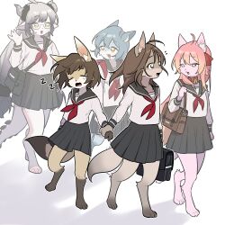  5girls animal_collar animal_feet animal_hands bag bell black_skirt body_fur brown_fur brown_hair cat_girl claws collar commentary digitigrade fox_girl full_body furry furry_female grabbing_another's_hand grey_eyes highres holding holding_bag lee_ha-kyung looking_at_another multiple_girls neck_bell original pink_eyes pink_fur pink_hair satchel school_uniform serafuku simple_background skirt sleepy tail teardrop walking white_background zzz 
