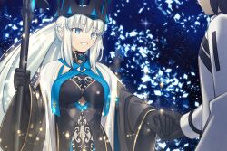  1boy 1girl black_crown black_dress black_gloves blue_eyes commentary_request commission crown dress fate/grand_order fate_(series) fujimaru_ritsuka_(male) fujimaru_ritsuka_(male)_(decisive_battle_chaldea_uniform) gloves hair_between_eyes holding_hands morgan_le_fay_(fate) morgan_le_fay_(queen_of_winter)_(fate) pixiv_commission ponytail shoori_(migiha) smile 