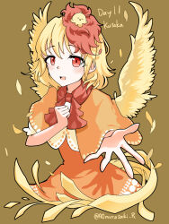  ^_^ animal_on_head aomurasaki_r baby_animal bird bird_on_head bird_tail bird_wings blonde_hair blush character_name chick closed_eyes commentary dress feathered_wings hand_on_own_chest highres looking_at_viewer medium_hair multicolored_hair niwatari_kutaka on_head open_mouth orange_dress orange_shawl reaching reaching_towards_viewer red_eyes red_hair shawl short_sleeves tail touhou twitter_username two-tone_hair wings yellow_background 