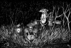  3girls ajirogasa apron boots braid broom collared_shirt commentary_request dress elbow_gloves fins fishing fishing_rod gloves grass greyscale hat head_fins highres holding holding_broom holding_fishing_rod izayoi_sakuya kirisame_marisa lantern mermaid monochrome monster_girl multiple_girls open_mouth outdoors paper_lantern partially_submerged shirt short_sleeves stream super-flat-world touhou twin_braids waist_apron wakasagihime witch_hat 