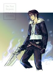  1boy belt black_belt black_gloves black_jacket black_pants border brown_belt brown_hair chain chain_necklace closed_mouth cowboy_shot cropped_jacket cropped_legs crossed_belts earrings final_fantasy final_fantasy_viii fur-trimmed_jacket fur_trim gloves gunblade hair_between_eyes highres holding holding_weapon jacket jewelry letterboxed male_focus necklace pants papermoon892 parted_bangs scar scar_on_face scar_on_forehead shirt short_hair silver_necklace single_earring solo squall_leonhart thigh_belt thigh_strap weapon white_border white_shirt 