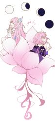  2girls absurdres chinese_commentary coat commentary_request crescent_moon cyrene_(demiurge)_(honkai:_star_rail) cyrene_(honkai:_star_rail) cyrene_(philia093)_(honkai:_star_rail) dress dual_persona full_moon hair_ornament highres honkai:_star_rail honkai_(series) long_hair moon multicolored_hair multiple_girls multiple_moons pink_hair purple_coat short_hair simple_background two-tone_hair very_long_hair white_background white_dress white_hair yu_chen 