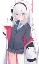  1girl absurdres black_hairband black_jacket black_skirt blazer blue_archive blue_necktie breasts collared_shirt commentary_request cowboy_shot grey_hair hair_between_eyes hairband halo highres jacket kei_(blue_archive) kei_(new_body)_(blue_archive) long_hair long_hair_between_eyes long_sleeves looking_at_viewer miniskirt necktie nui_(nuinui0300) open_clothes open_jacket open_mouth pink_eyes pink_halo pleated_skirt puff_of_air puffy_long_sleeves puffy_sleeves rectangular_halo school_uniform shirt simple_background skirt sleeves_past_fingers sleeves_past_wrists small_breasts solo translation_request variant_set very_long_hair white_background white_jacket white_shirt 