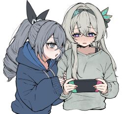  2girls alternate_costume arm_hug black_hairband blue_hoodie blush bra_strap bright_pupils commentary_request cropped_torso drill_hair drill_ponytail fingernails firefly_(honkai:_star_rail) grey_eyes grey_hair grey_sweater hair_between_eyes hair_ribbon hairband handheld_game_console highres holding holding_handheld_game_console honkai:_star_rail honkai_(series) hood hoodie long_hair looking_at_another multiple_girls nose_blush open_mouth pinponpaaru playing_games playing_video_games ribbon silver_wolf_(honkai:_star_rail) simple_background sweat sweater white_background 