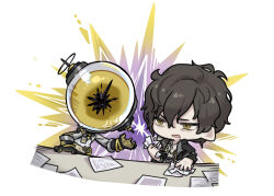  2boys anger_vein arguing beard_stubble black_coat black_hair black_hat chibi coat commentary_request enigma_(reverse:1999) facial_hair ferrofluid fishbowl_helmet hand_up hat highres jumpsuit korean_commentary looking_at_another male_focus melong6cha multiple_boys object_head open_mouth paper reverse:1999 short_hair stubble ulrich_(reverse:1999) upper_body white_background white_jumpsuit yellow_eyes 