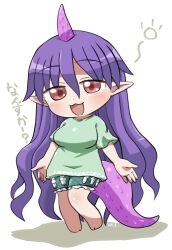  1girl :3 :d barefoot blush breasts chibi chibi_only commentary_request dot_nose frilled_shorts frills full_body green_shirt green_shorts hair_between_eyes highres horns large_breasts long_hair looking_at_viewer open_mouth pointy_ears purple_hair rokugou_daisuke shirt short_sleeves shorts signature simple_background single_horn smile solo squeans standing tail tenkajin_chiyari test_tube touhou white_background 