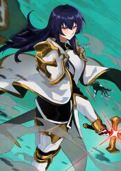  1girl absurdres armor artist_name black_hair bluesky_logo cape closed_mouth commentary gauntlets hair_between_eyes highres holding holding_sword holding_weapon instagram_logo kivia_patausche knowname long_hair pixiv_logo rapier red_eyes shoulder_armor solo sword twitter_logo twitter_username weapon white_cape yuushakei_ni_shosu 