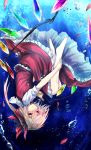  1girl barefoot blonde_hair bubble commentary dress eisuto flandre_scarlet highres leg_hug looking_at_viewer no_hat puffy_short_sleeves puffy_sleeves red_dress red_eyes shirt short_sleeves side_ponytail solo touhou underwater upside-down wings 