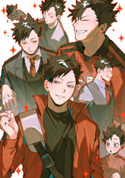  1boy age_progression animalization black_hair black_jacket black_shirt black_sweater_vest cat child collared_shirt commentary_request grey_vest grin haikyuu!! highres ikaooi1 jacket kuroo_tetsurou male_focus multiple_views necktie nekoma_volleyball_uniform red_jacket red_necktie shirt short_hair simple_background smile sparkle sweat sweater_vest track_jacket undercut undershirt vest white_background white_shirt 