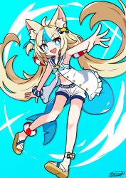  1girl absurdres ahoge animal_ears bare_shoulders bikini bikini_under_clothes blonde_hair blue_background blue_bikini blue_hair blue_sailor_collar blue_streaks blunt_bangs blush_stickers bow cat_ears commentary fins fish_tail full_body hair_bow highres indie_virtual_youtuber lifebuoy_hair_ornament long_hair looking_at_viewer low_twintails midriff multicolored_bikini multicolored_hair navel open_clothes open_shirt outstretched_arm partially_unbuttoned sailor_collar sameko_saba sameko_saba_(1st_costume) sandals short_shorts shorts sico_de_seraph signature simple_background single_bare_arm smile solo streaked_hair striped_bikini striped_clothes swimsuit tail twintails two-tone_bikini two-tone_hair v-shaped_eyebrows very_long_hair virtual_youtuber white_shorts 
