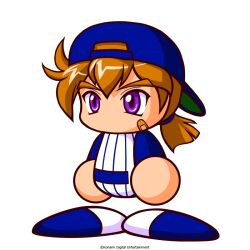  1boy artist_request bandaid bandaid_on_cheek bandaid_on_face baseball_cap baseball_uniform blue_hat blue_shirt blue_shoes brown_hair commentary_request hat ikari_susumu jikkyou_powerful_pro_yakyuu jikkyou_powerful_pro_yakyuu_(style) low_ponytail multicolored_shirt multicolored_shoes no_mouth official_art ponytail power_pro_appli rayman_limbs shirt shoes solo sportswear striped_clothes striped_shirt thick_eyebrows two-tone_shoes vertical-striped_clothes vertical-striped_shirt violet_eyes white_shirt white_shoes 
