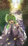  3girls frog_hair_ornament gohei green_eyes green_hair hair_ornament hair_tubes hichiko kochiya_sanae long_hair moriya_suwako multiple_girls open_mouth rope smile snake snake_hair_ornament stairs torii touhou yasaka_kanako 