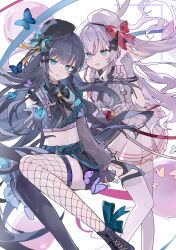  2girls :d absurdres arcaea asymmetrical_legwear bare_shoulders black_boots black_bow black_bowtie black_gloves black_hair black_hat black_shirt black_shorts black_thighhighs blue_butterfly blue_eyes blunt_bangs boots bow bowtie bug butterfly commentary crop_top cropped_shirt double_horizontal_stripe english_commentary feet_out_of_frame fishnet_thighhighs fishnets frilled_skirt frills gloves green_bow grey_gloves grey_hair hand_up hat hat_bow highres hikari_(arcaea) lace-up_boots long_hair mismatched_legwear multiple_girls open_mouth otarc plaid_bow red_bow shirt shorts simple_background skirt smile standing striped_clothes striped_skirt tairitsu_(arcaea) thigh-highs white_background white_hat white_skirt white_thighhighs yellow_butterfly 