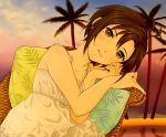  1girl antenna_hair bare_shoulders brown_eyes brown_hair chair clouds collarbone dress frills head_tilt idolmaster kikuchi_makoto looking_at_viewer m0401 outdoors palm_tree pillow short_hair sky smile solo sundress tree white_dress wicker_furniture 