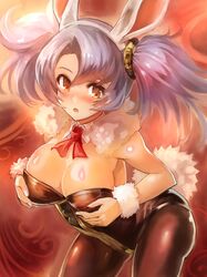  1girl :o animal_ears blush breasts brown_legwear bunny_tail bunnysuit cleavage cowboy_shot detached_collar edobox fake_animal_ears fur_trim granblue_fantasy long_hair looking_at_viewer pantyhose purple_hair rabbit_ears solo tail twintails 