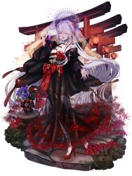  1girl azur_(sky_high) chain_paradox dark_persona flower full_body hair_ribbon halo high_heels highres holding_wind_chime lantern long_hair lulila_rhapsodia multiple_torii obi paper_lantern red_nails red_ribbon ribbon sash solo spider_lily stuffed_animal stuffed_rabbit stuffed_toy torii very_long_hair violet_eyes white_hair wind_chime 