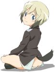  1girl ass black_hair blush bob_cut brown_hair butt_crack dog_tail erica_hartmann from_behind jacket long_sleeves looking_back military military_uniform multicolored_hair no_pants panties short_hair sitting smile solo strike_witches tail two-tone_hair umanosuke underwear uniform white_panties 