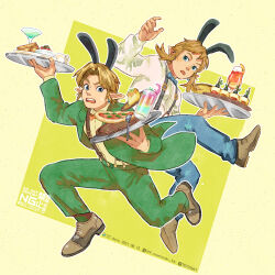  2boys animal_ear_hairband animal_ears blonde_hair blue_bow blue_bowtie blue_eyes blue_pants bow bowtie brown_hair commentary_request dual_persona fake_animal_ears food fuyumaru_mominoki green_jacket green_pants hairband highres holding holding_tray jacket link male_focus multiple_boys open_mouth pants pizza pointy_ears pudding rabbit_ear_hairband rabbit_ears red_bow red_bowtie shirt suspenders the_legend_of_zelda the_legend_of_zelda:_breath_of_the_wild the_legend_of_zelda:_ocarina_of_time tray waiter white_shirt yellow_shirt 