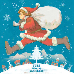  1boy 2025 boots brown_boots carrying_over_shoulder commentary_request from_side fuyumaru_mominoki hat highres holding holding_sack house jacket link male_focus merry_christmas pants red_jacket red_pants running sack santa_costume santa_hat snowflakes solo the_legend_of_zelda the_legend_of_zelda:_breath_of_the_wild tree winter 
