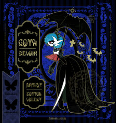  1girl artist_name bare_shoulders bat_(animal) black_dress black_eyeshadow black_gloves black_hairband blue_background blue_hair bluesky_logo bluesky_username bob_cut choker closed_mouth colored_skin commentary cross dress elbow_gloves english_commentary english_text eyeshadow frilled_choker frills from_side full_body gardevoir gloves goth_fashion grey_choker hairband half-closed_eyes hand_up holding holding_umbrella latin_cross leaning_forward long_dress makeup mega_gardevoir mega_pokemon no_feet outline pokemon pokemon_(creature) profile red_eyes short_hair solo spiked_hairband spikes standing strapless strapless_dress umbrella watermark white_skin woraya_chotikul 