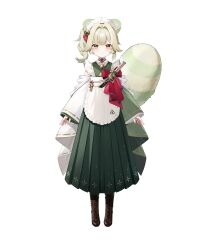  1girl absurdres animal_ears apron bell blonde_hair brown_shoes chinese_commentary closed_mouth closed_umbrella commentary_request copyright_name dress frilled_dress frills full_body green_dress green_tail hair_bell hair_ornament highres izayoi_(virtuareal) maid_headdress multicolored_hair nijisanji official_art oil-paper_umbrella pleated_dress raccoon_ears raccoon_girl raccoon_tail shoes short_eyebrows side_ponytail simple_background smile solo standing streaked_hair striped_tail tail transparent_background umbrella virtual_youtuber virtuareal white_apron white_hair yellow_eyes 