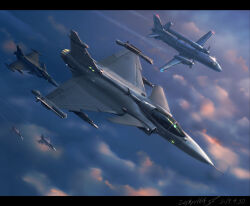  air-to-air_missile aircraft airplane artist_name canards clouds commentary_request contrail fighter_jet flying glint military military_vehicle missile original pilot propeller realistic saab saab_340 saab_gripen sky swedish_air_force zephyr164 