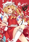  1girl ascot blonde_hair blush bobby_socks fang flandre_scarlet hat kneehighs laevatein long_hair looking_at_viewer nagisa3710 open_mouth outstretched_hand pointy_ears red_eyes side_ponytail socks solo touhou white_legwear wings wrist_cuffs 