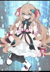  1girl abstract_background ahoge artist_name belt black_belt black_border black_bow black_bowtie black_pantyhose blue_eyes blush boots border bow bowtie brown_hair buckle cardigan closed_mouth curly_hair dress dress_bow fluffy_hair frilled_dress frills full_body hair_between_eyes hair_ornament hair_ribbon heart heart_hair_ornament highres knees_together_feet_apart layered_dress letterboxed light_particles long_hair long_sleeves looking_at_viewer mgmg_mgmg neuro-sama neuro-sama_(cyberpunk_princess) off-shoulder_dress off_shoulder official_alternate_costume pantyhose pocket red_ribbon ribbon sleeve_bow smile snap-fit_buckle solo split_mouth techwear two_side_up vedal_ai very_long_hair virtual_youtuber white_boots white_dress zipper zipper_pull_tab 