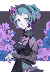  1girl absurdres alternate_costume alternate_hairstyle aqua_hair black_dress black_hairband border commentary dress english_commentary floral_background flower frilled_dress frills from_side goth_fashion gothic_lolita hair_flower hair_ornament hairband hibiscus highres im_human_maybe lolita_fashion looking_at_viewer outside_border persona persona_3 puffy_sleeves purple_hair see-through_clothes see-through_sleeves solo white_border yamagishi_fuuka 