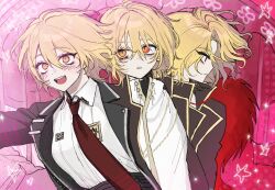  3girls black_jacket blonde_hair collared_shirt commentary don_quixote_(project_moon) eyelashes feather_boa hair_between_eyes hashtag-only_commentary highres jacket lapels limbus_company long_sleeves multiple_girls multiple_persona necktie notched_lapels open_mouth orange_eyes pink_background profile project_moon red_eyes red_necktie sancho_(project_moon) shirt shirt_tucked_in short_hair star_(symbol) teeth untranslatable_commentary upper_body upper_teeth_only wavy_hair wayon154 white_shirt wide-eyed 