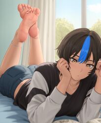 1girl :/ anklet ass bare_legs barefoot black_hair black_nails blue_shorts blue_streaks breasts brown_eyes collarbone commentary curtains english_commentary feet feet_up foot_focus foreshortening hair_between_eyes head_rest highres indoors jewelry legs long_sleeves looking_at_object lying manga_(object) medium_breasts nail_polish nihu on_bed on_stomach original reading shiragi_(nihu) short_hair short_shorts shorts single_hair_streak soles solo the_pose toe_ring toenail_polish toenails toes two-tone_shirt window 