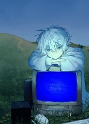  1boy absurdres blue_eyes blue_sky clover commentary computer_keyboard computer_mouse crt crying crying_with_eyes_open english_text game_console gamecube gauze gauze_on_cheek grass hair_between_eyes highres hill jacket male_focus meadow original outdoors parted_lips short_hair sky solo tears television untranslatable_commentary white_hair white_jacket yuruku 