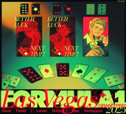  3boys beard_stubble black_jacket blue_eyes brown_hair card character_name closed_mouth collared_shirt commentary defeat english_commentary facial_hair formula_one green_shirt highres holding holding_card holding_poker_chip jacket lando_norris las_vegas male_focus max_verstappen multiple_boys mustache_stubble oscar_piastri playing_card playing_card_game playing_games poker poker_chip poker_table real_life shirt short_hair smile sog_goog stubble table victory 