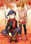  2boys arms_behind_back autumn autumn_leaves black_legwear blue_hair boots brown_hair closed_eyes cr72 grin inazuma_eleven_(series) inazuma_eleven_go leaning_forward male matsukaze_tenma multiple_boys pantyhose scarf shorts sitting smile tsurugi_kyousuke yellow_eyes 