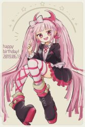  1girl artist_request bad_link birthday boots child danganronpa_(series) danganronpa_another_episode:_ultra_despair_girls fake_horns happy_birthday highres horns pink_eyes pink_hair simple_background striped_clothes striped_thighhighs thigh-highs twintails utsugi_kotoko 