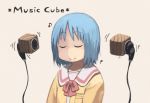  1girl blue_hair closed_eyes english hair_down headphones musical_note naganohara_mio nichijou nishimura_(prism_engine) school_uniform short_hair smile solo 