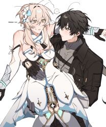  1boy 1girl ahoge arm_armor artist_name bare_shoulders black_gloves black_hair black_jacket blonde_hair blush boots breast_pocket breasts brown_eyes carrying closed_mouth collared_jacket colored_inner_hair commentary_request covered_collarbone crossover detached_sleeves dress earrings english_text feather_hair_ornament feathers flower genshin_impact gloves gold_trim grey_hair grey_shirt hair_between_eyes hair_flower hair_ornament half-closed_eyes hands_up hetero highres huge_ahoge jacket jewelry long_hair long_sleeves looking_at_another low_ponytail lumine_(genshin_impact) majunjuu male_rover_(wuthering_waves) medium_breasts multicolored_hair necklace open_clothes open_jacket partially_fingerless_gloves pocket ponytail princess_carry rover_(wuthering_waves) scar shirt short_hair sidelocks simple_background sleeveless sleeveless_dress smile speech_bubble sweatdrop t-shirt teeth thigh_boots white_background white_boots white_dress white_flower white_sleeves wuthering_waves yellow_pupils 