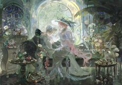  1boy 1girl absurdly_detailed_composition absurdres ankle_strap apple arched_window architecture art_nouveau asymmetrical_sidelocks balance_scale black_jacket blue_butterfly blue_eyes blue_ribbon book book_stack bottle brooch bug bust_(sculpture) butterfly chaise_longue chinese_commentary choppy_bangs closed_mouth collared_shirt commentary commission couch cropped_jacket crystal crystal_ball cup curtained_hair dagger detached_collar domino_mask drawer dress drinking_glass earrings expressionless eye_mask eyewear_strap feather_fan flower folded_fan folding_fan food framed_insect fruit full_body glasses green_nails green_shoes hand_fan hand_on_another's_thigh hand_up hat hat_feather highres holding holding_fan hourglass indoors jacket jacket_on_shoulders jade_(gemstone) jar jewelry knife knife_sheath lantern lao_gai_xiao_bao long_dress long_hair long_sleeves looking_at_viewer mask mihuashi_commission mole mole_under_eye nail_polish neck_tassel oc_x_canon on_couch orange_lips original pants parted_bangs parted_lips peacock_feathers perfume_bottle picture_hat pink_hair pitcher_(container) plant poppy_(flower) potted_plant puffy_long_sleeves puffy_sleeves red_flower ribbon sculpture seashell semi-rimless_eyewear sheath sheathed shell shirt shoes short_hair side_slit sidelocks siphon sitting sitting_on_lap sitting_on_person socks stained_glass table tassel tears_of_themis tile_floor tiles under-rim_eyewear unworn_mask vase very_long_hair vyn_richter_(tears_of_themis) weapon weighing_scale white_dress white_hair white_hat white_jacket white_pants white_shirt white_shoes white_socks window yellow_eyes 