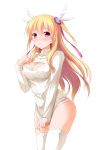  1girl alisa_reinford blonde_hair blush breasts cleavage cleavage_cutout covering covering_crotch eiyuu_densetsu hair_ribbon highres long_hair looking_at_viewer no_pants open-chest_sweater panties red_eyes ribbed_sweater ribbon sen_no_kiseki solo sweater sweater_tug thigh-highs turtleneck two_side_up underwear white_legwear yagami-all_hail_nanao 