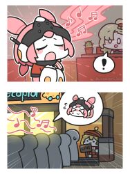  ! >_< aria_(zenless_zone_zero) blonde_hair chibi commentary_request crowd emphasis_lines employee_uniform fast_food_uniform highres korean_commentary luciana_de_montefio music musical_note piper_wheel queue singing spoken_character spoken_exclamation_mark twitter_username underdatv visor_cap zenless_zone_zero 