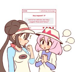  ! 2girls :d :o blank_speech_bubble blue_eyes blush brown_hair double_bun english_commentary english_text hair_between_eyes hair_bun hat highres long_sleeves looking_at_another mole mole_under_eye multiple_girls own_hands_clasped own_hands_together pink_hair pokemon pokemon_bw2 request_inset rosa_(pokemon) smile sofo_soup speech_bubble three-quarter_sleeves twintails upper_body visor_cap white_hat yancy_(pokemon) 