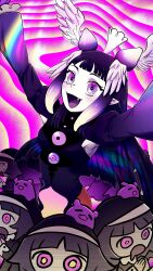  6+girls abstract_background absurdres arms_up blunt_bangs blunt_ends commentary creature_and_personification crown double_bun dress drooling fang from_above gradient_hair hair_bun hashtag-only_commentary head_wings highres juliet_sleeves long_hair long_sleeves looking_at_viewer mini_crown mouth_drool multicolored_eyes multicolored_hair multiple_girls nervous_sweating nun open_mouth personification pointy_ears puffy_sleeves purple_background purple_dress purple_hair purple_theme scared sidelocks smile spriggantweet sweat tako_takover_(ninomae_ina'nis) takodachi_(ninomae_ina'nis) tentacle_hair violet_eyes virtual_youtuber white_wings wings 