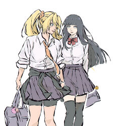 2girls alternate_costume alternate_universe bag beerenfuchs black_thighhighs blue_eyes blunt_bangs bow bowtie closed_mouth clothes_around_waist collared_shirt couple hair_between_eyes handbag happy highres holding holding_hands hyuuga_hinata jacket jacket_around_waist layered_clothes light_smile long_hair long_sleeves looking_at_another looking_to_the_side multiple_girls naruko_(naruto) naruto_(series) naruto_shippuuden necktie orange_necktie pants parted_lips red_bow red_bowtie school_uniform shirt shorts shorts_under_skirt simple_background skirt smile standing straight_hair thigh-highs twintails upper_body uzumaki_naruto whiskers white_background yuri 