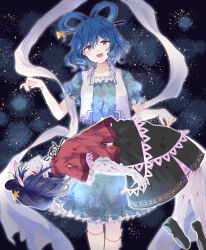  2girls absurdres blue_dress blue_eyes blue_hair closed_eyes commentary_request dress floating hagoromo hair_ornament hair_rings hair_stick highres kaku_seiga looking_at_viewer miyako_yoshika multiple_girls ofuda ofuda_on_head open_mouth red_shirt shawl shirt short_hair smile touhou uranaishi_(miraura) 