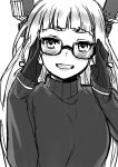  1girl bangs bespectacled blunt_bangs blush deras glasses gloves grin headgear kantai_collection long_hair looking_at_viewer monochrome murakumo_(kantai_collection) sketch smile solo sweater 