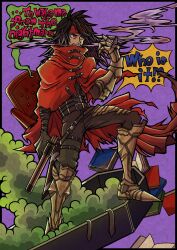  1boy aechin0130 armor belt black_gloves black_hair black_pants black_shirt book boots chair clawed_gauntlets cloak coffin english_text final_fantasy final_fantasy_vii final_fantasy_vii_remake full_body furrowed_brow gloves gold_armor gold_boots gun handgun headband highres holding holding_gun holding_weapon long_hair male_focus pants parted_bangs pointy_boots purple_background red_cloak red_eyes red_headband sharp_teeth shirt smoke solo speech_bubble teeth thigh_belt thigh_strap torn_cloak torn_clothes vincent_valentine weapon 