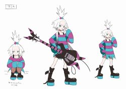  1girl black_boots blue_eyes boots concept_art guitar highres holding holding_guitar holding_instrument instrument official_art oversized_clothes oversized_shirt pointing pointing_at_self pokemon pokemon_bw2 poses shirt short_hair short_shorts shorts striped_clothes striped_shirt torn_clothes torn_shirt white_background white_hair 